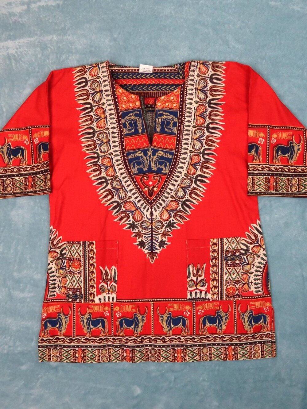 Vintage 60s Tribal African Dashiki Tunic Top Pockets Unisex festival Red M